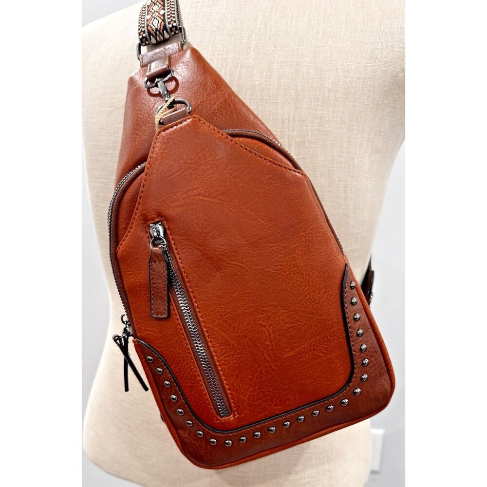 Sam & Hadley Cross Body Bag, Cognac Brown with Multi Color Strap